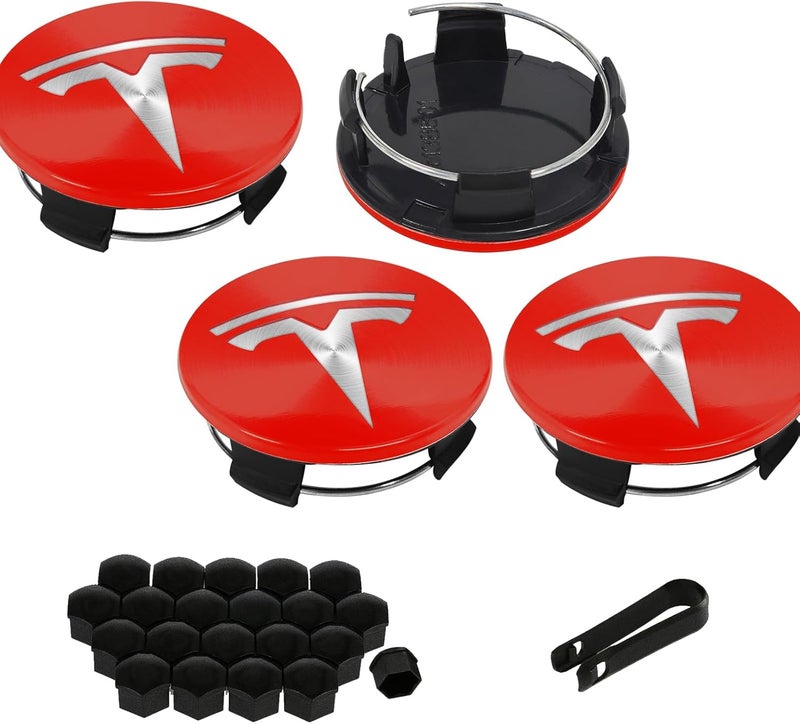 Knomix 4 Pack Exterior Decoration Wheel Center Cover for Tesla Model 3 Model Y,56mm Hubcaps Wheel Rim Cover Tesla Center Caps Hubcaps+20 Black Lug Nut Covers (Red+Silver Emblem) - Image 1